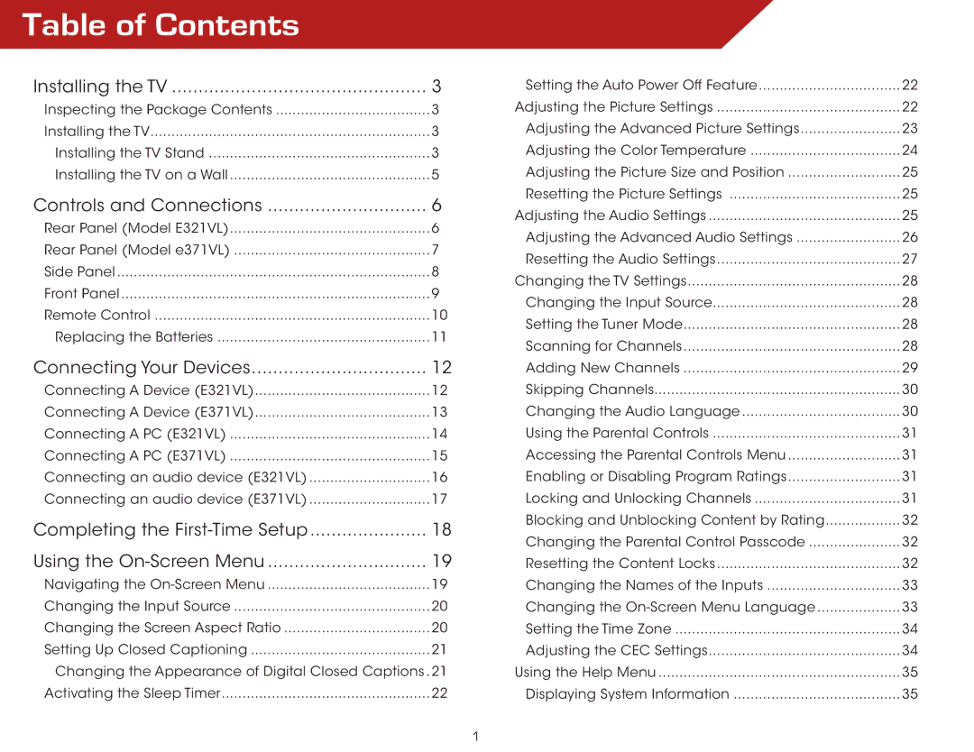 Vizio E371VL, E321VL warranty Table of Contents 