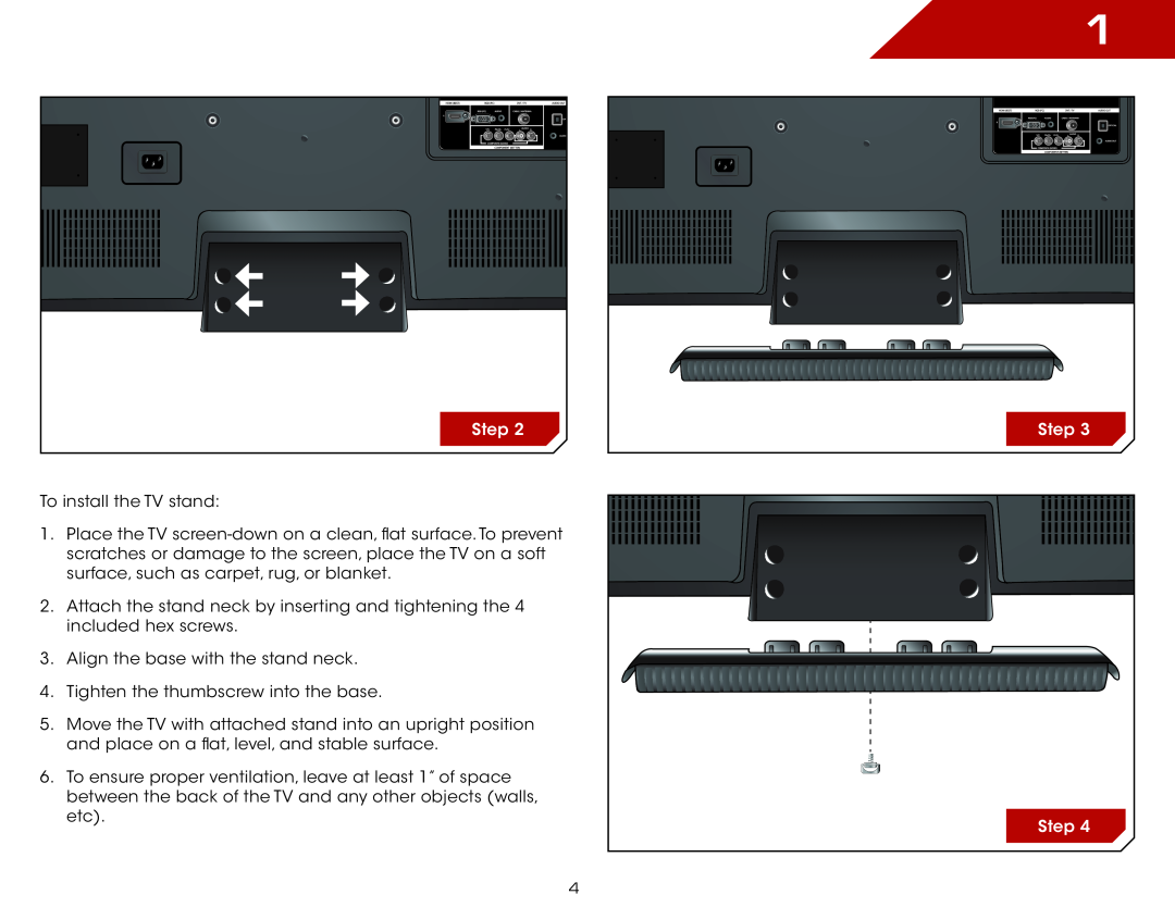 Vizio E321VL, E371VL warranty To install the TV stand, Step Step 