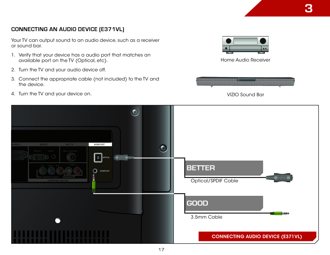 Vizio E321VL warranty Connecting an audio device E371VL, Better, Good, CONNECTING AUDIO DEVICE E371VL 