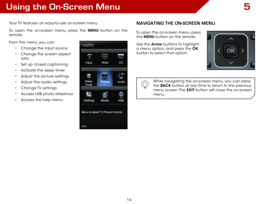Vizio E371VL, E321VL warranty Using the On-Screen Menu, Navigating the On-Screen Menu 