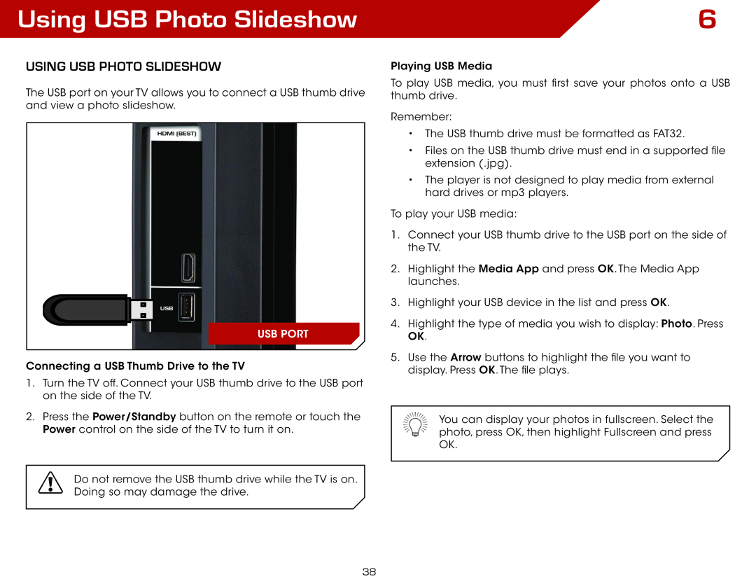 Vizio E321VL, E371VL warranty Using USB Photo Slideshow, Using USB photo slideshow, Usb Port 