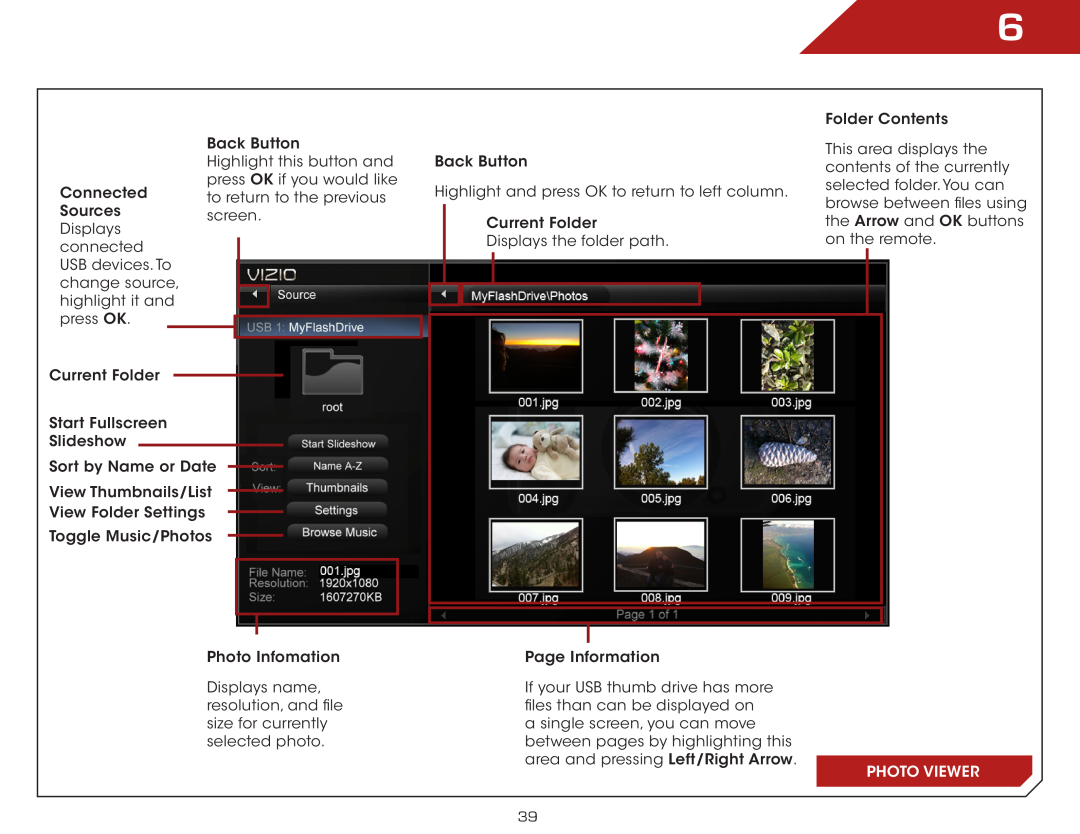 Vizio E371VL, E321VL warranty Current Folder Start Fullscreen Slideshow, Photo Viewer 