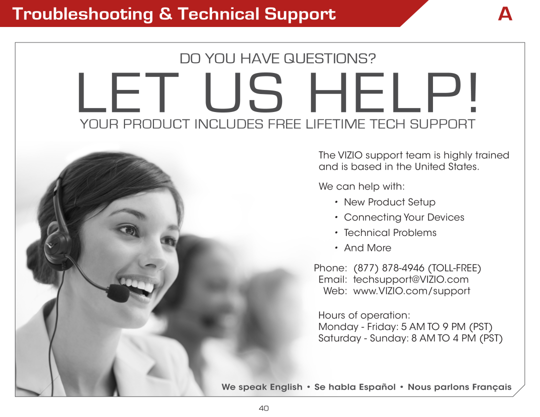 Vizio E321VL, E371VL warranty Troubleshooting & Technical Support, Let Us Help, do you have questions? 