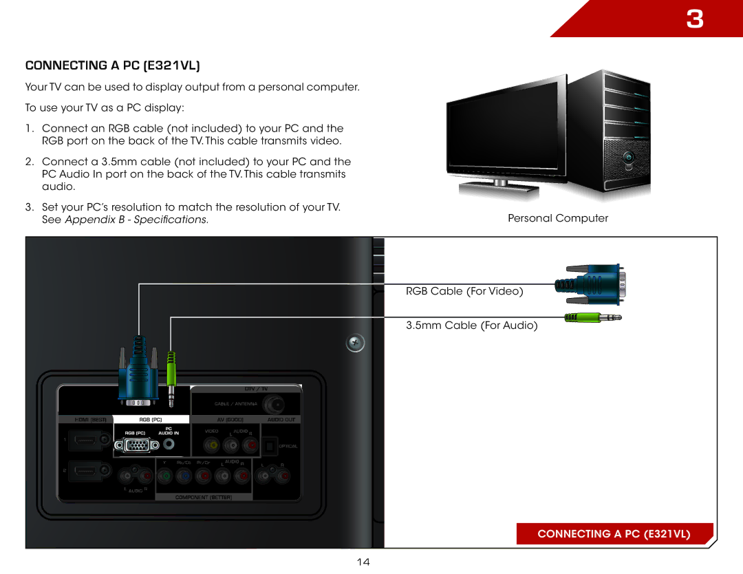 Vizio E371VL warranty Connecting a PC E321VL 