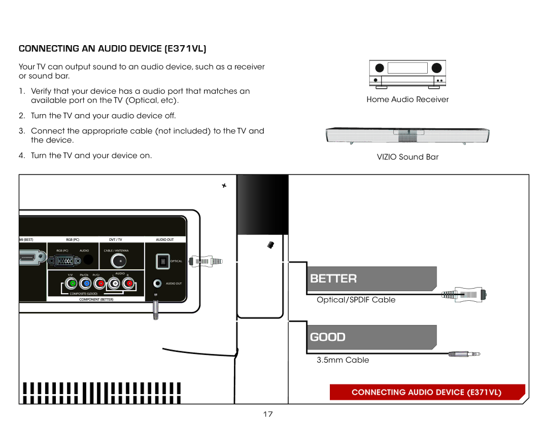 Vizio warranty Connecting an audio device E371VL 