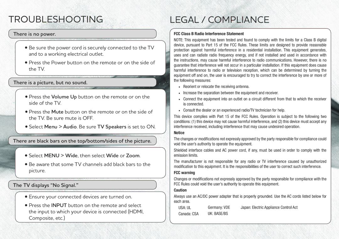 Vizio E371VL quick start Troubleshooting, Legal / Compliance 