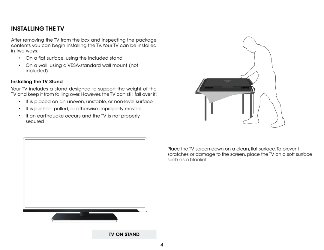 Vizio E390-A1 user manual Installing the TV, TV on Stand 