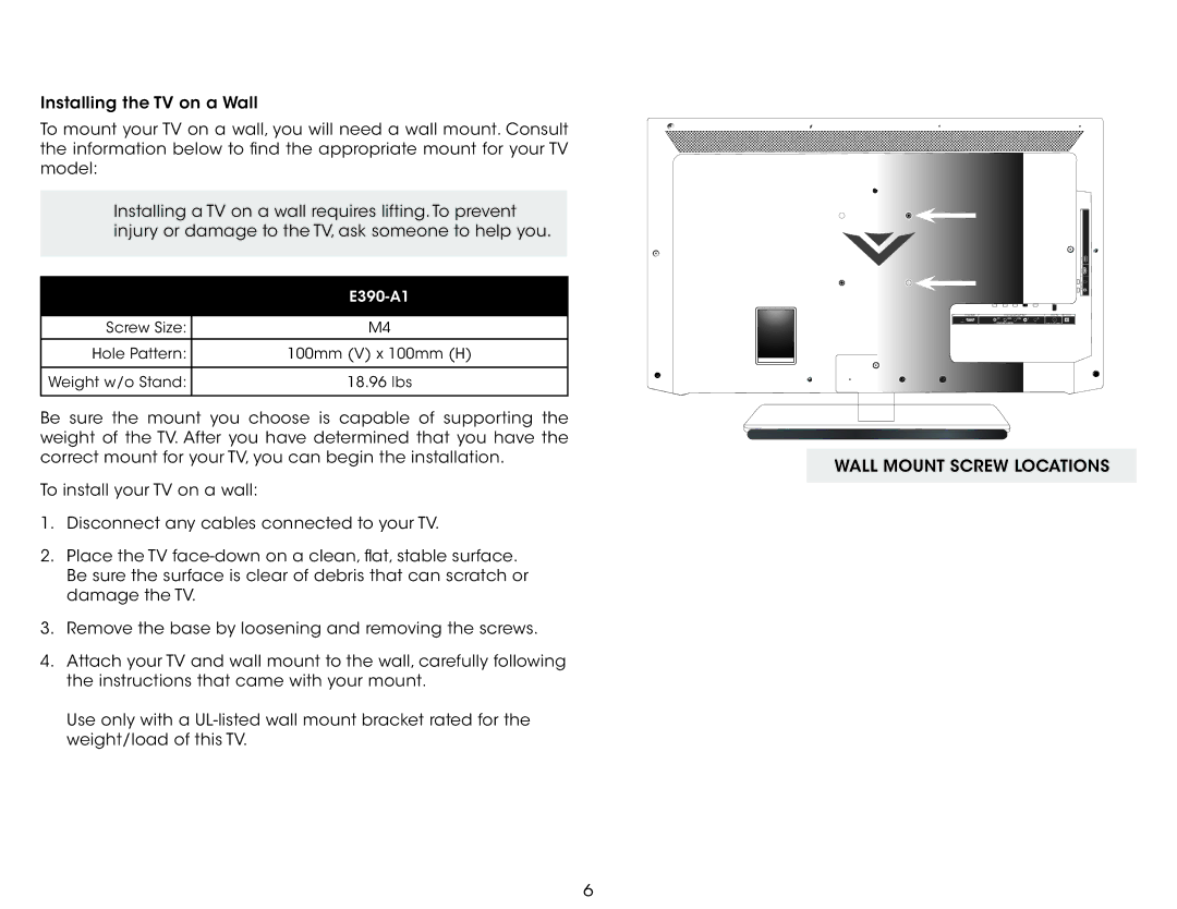 Vizio E390-A1 user manual Wall Mount Screw Locations 