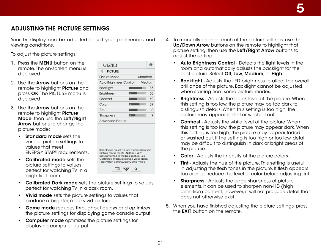 Vizio E390-A1 user manual Adjusting the Picture Settings, Vizio 