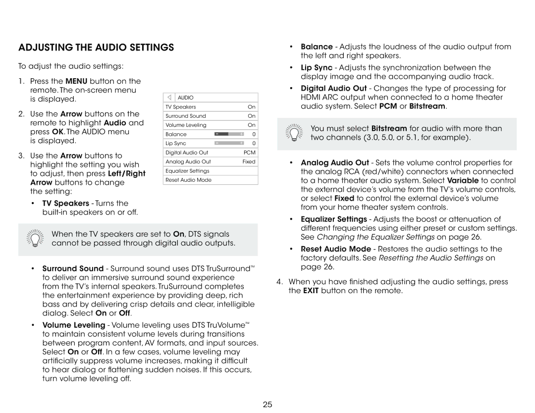 Vizio E390-A1 user manual Adjusting the Audio Settings, Factory defaults. See Resetting the Audio Settings on 