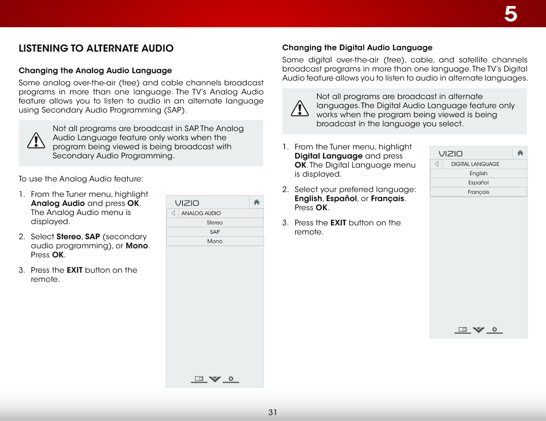 Vizio E390-A1 user manual Listening to Alternate Audio 