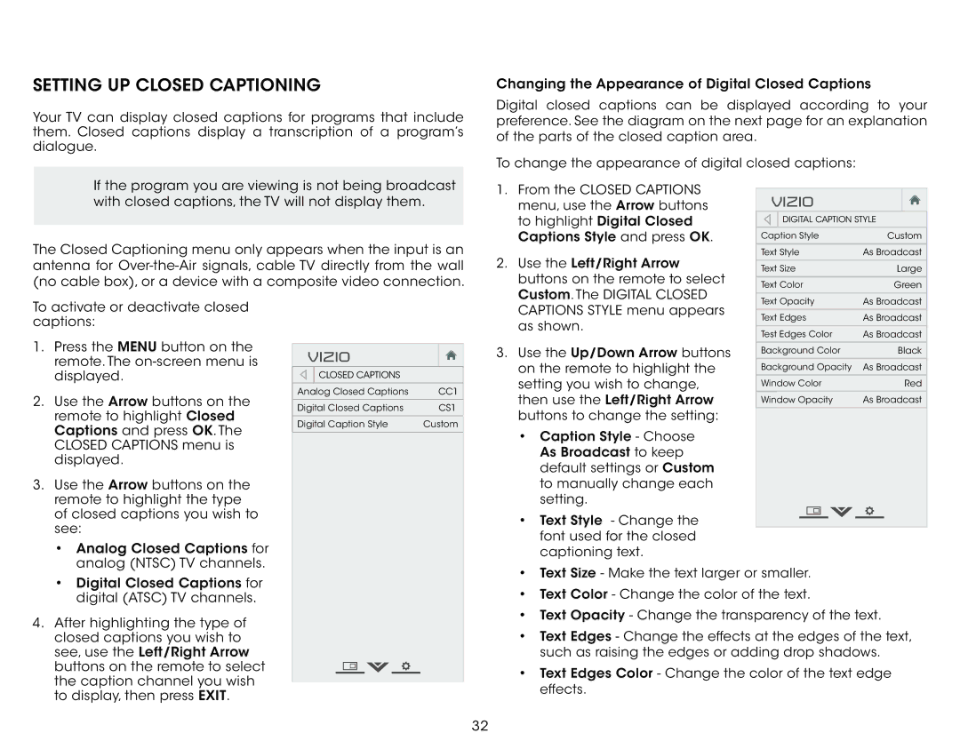 Vizio E390-A1 user manual Setting UP Closed Captioning 