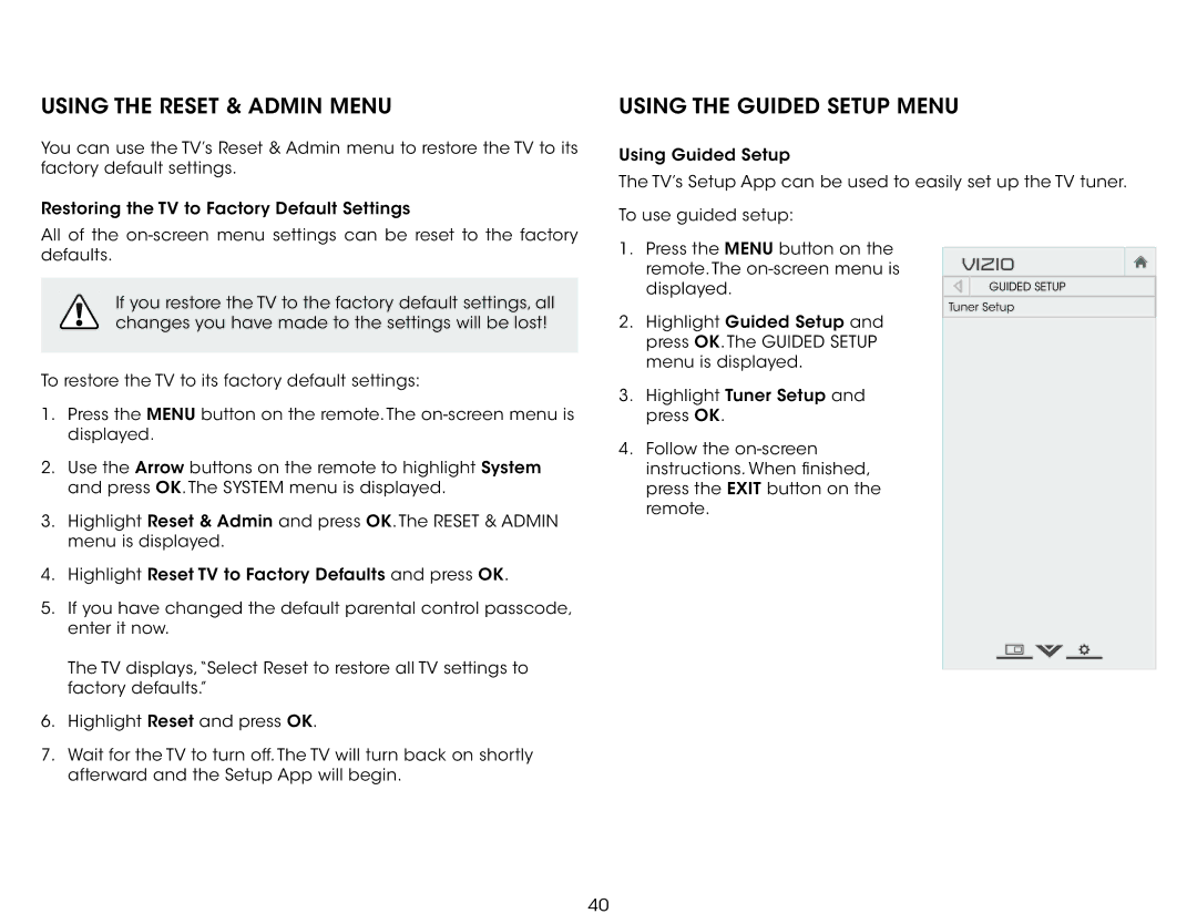 Vizio E390-A1 user manual Using the Reset & Admin Menu, Using the Guided Setup Menu 