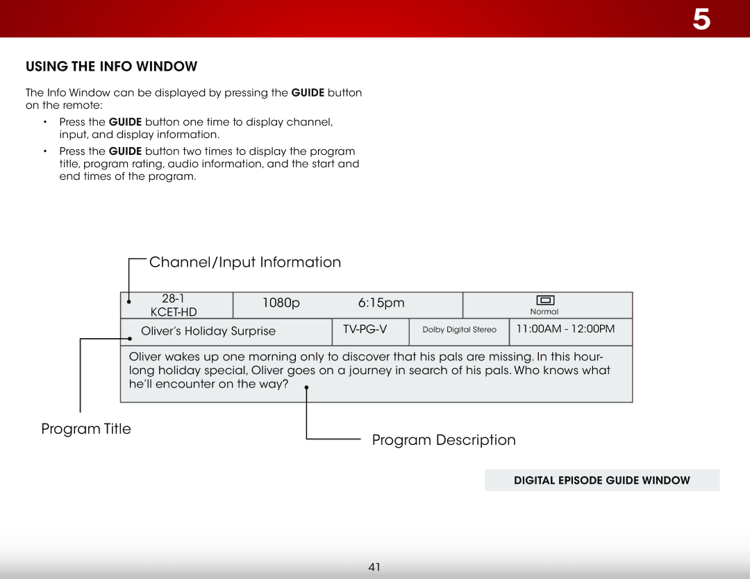 Vizio E390-A1 user manual Using the Info Window, Digital Episode Guide Window 