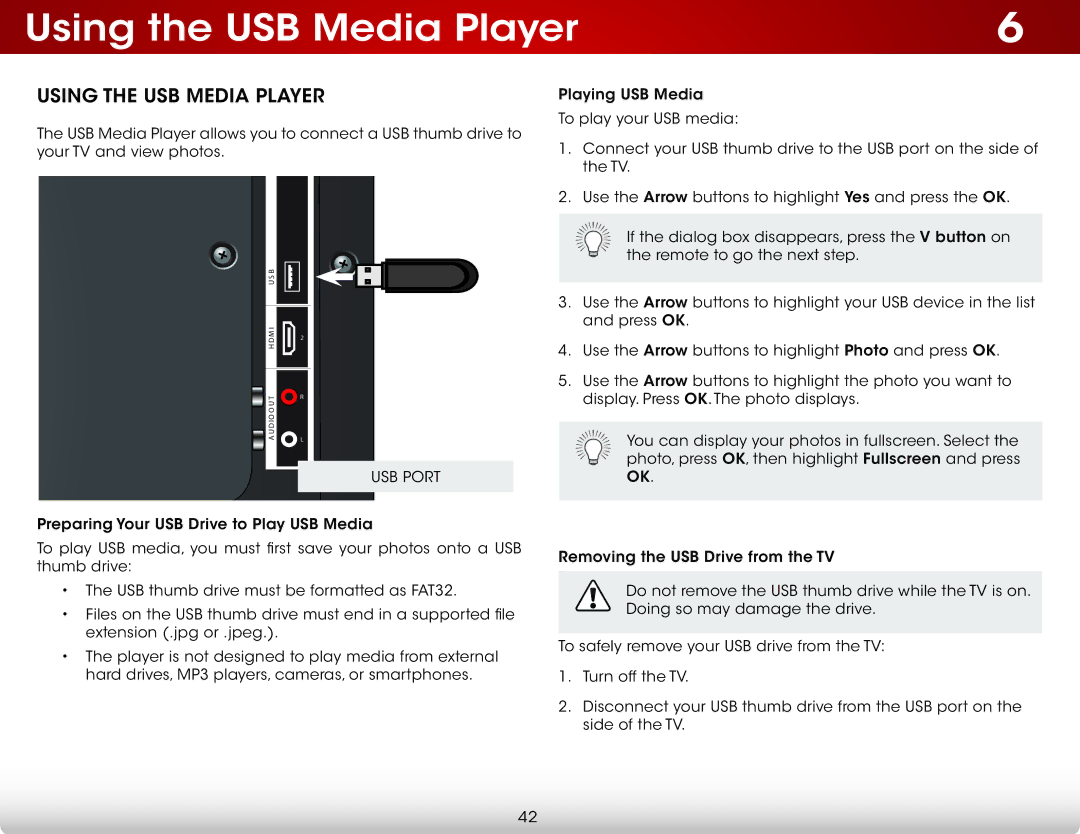 Vizio E390-A1 user manual Using the USB Media Player, USB Port 