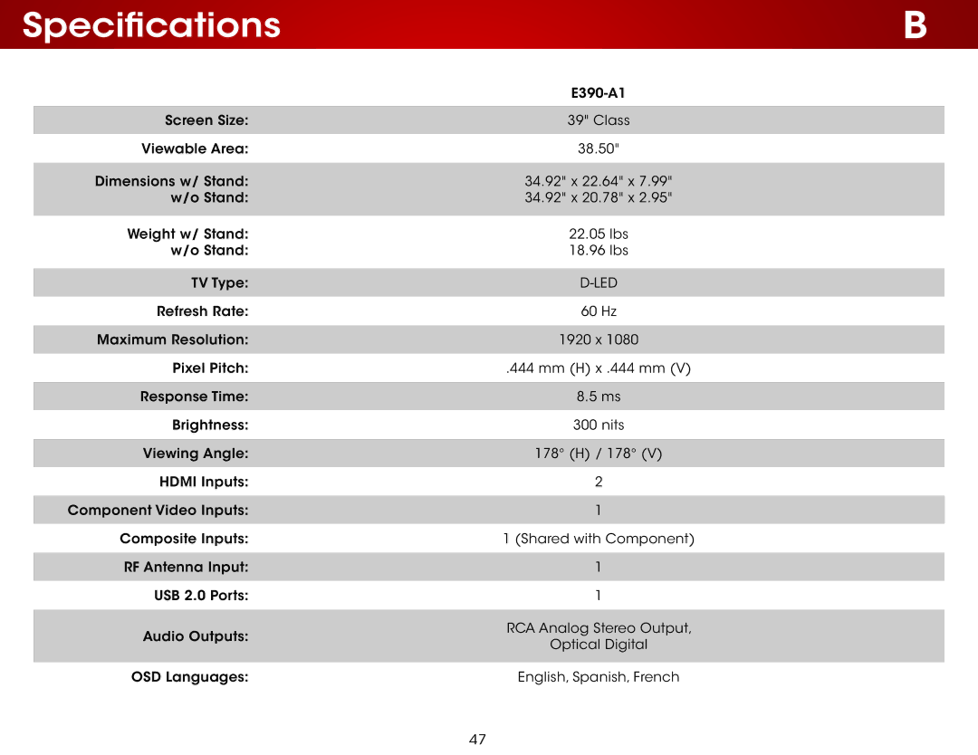 Vizio E390-A1 user manual Specifications 