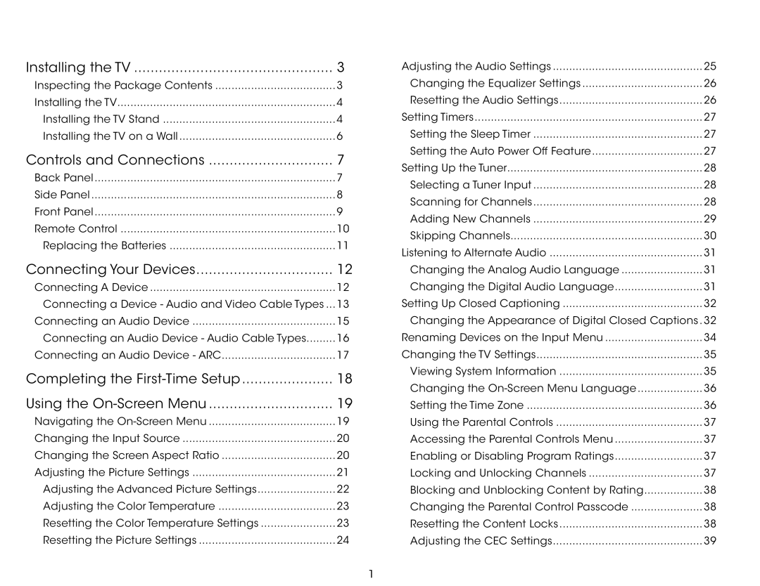 Vizio E390-A1 user manual Table of Contents 