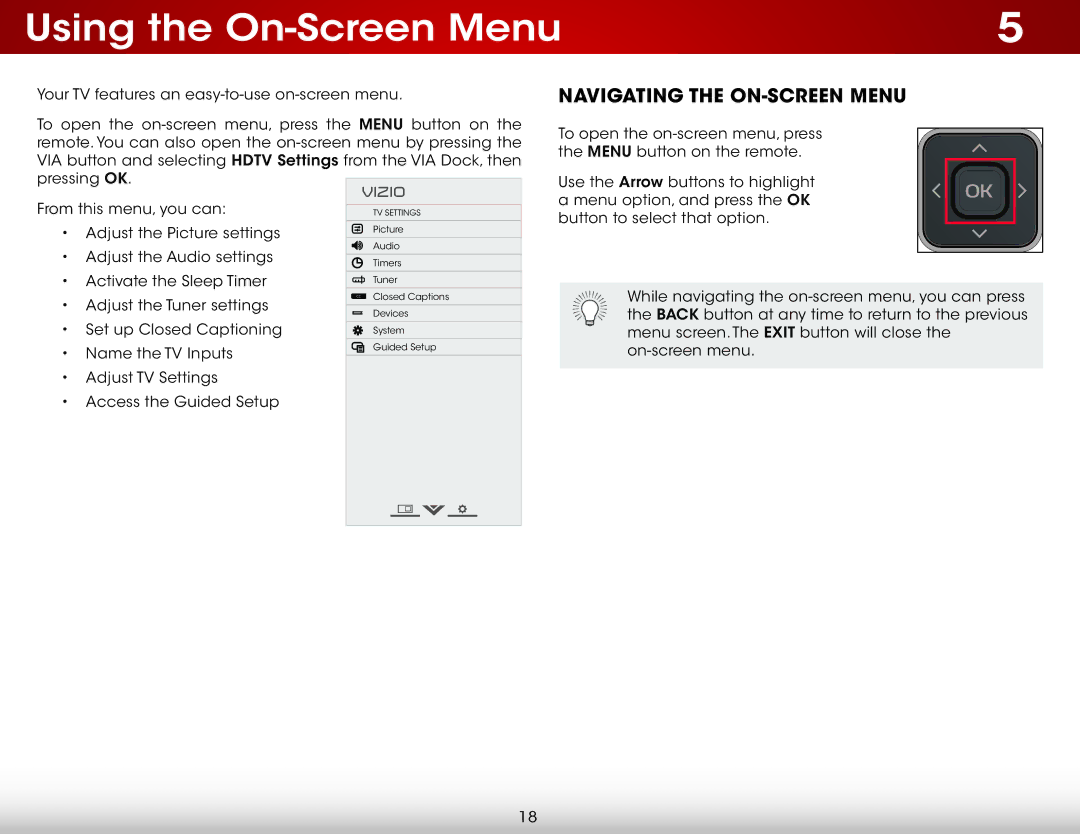 Vizio E390-B0 user manual Using the On-Screen Menu, Navigating the ON-SCREEN Menu 