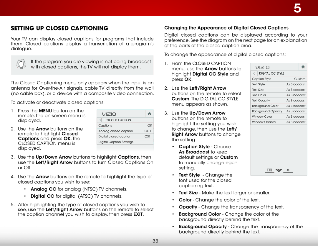 Vizio E390-B0 user manual Setting UP Closed Captioning 