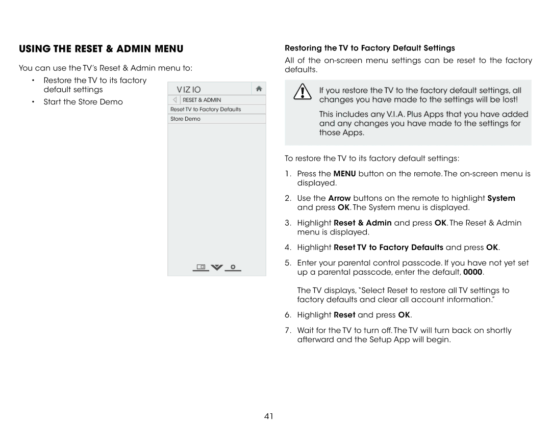 Vizio E390-B0 user manual Using the Reset & Admin Menu 