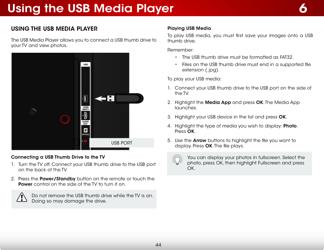 Vizio E390-B0 user manual Using the USB Media Player 