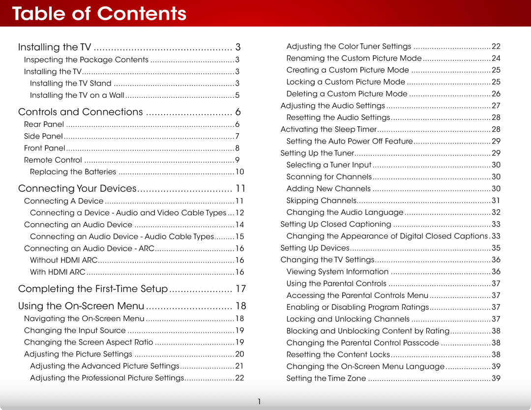 Vizio E390-B0 user manual Table of Contents 