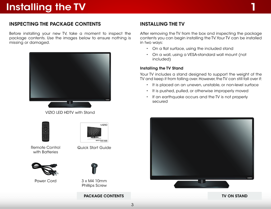 Vizio E390-B0 user manual Installing the TV, Inspecting the Package Contents 