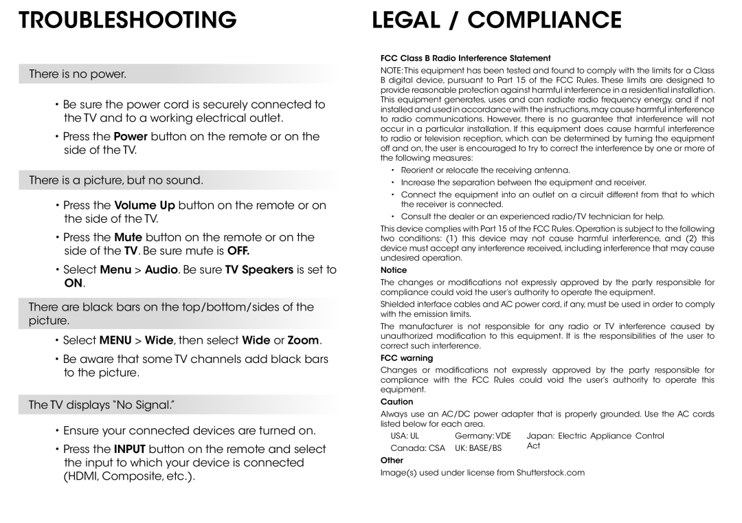 Vizio E390-B0 manual Troubleshooting, Legal / Compliance 