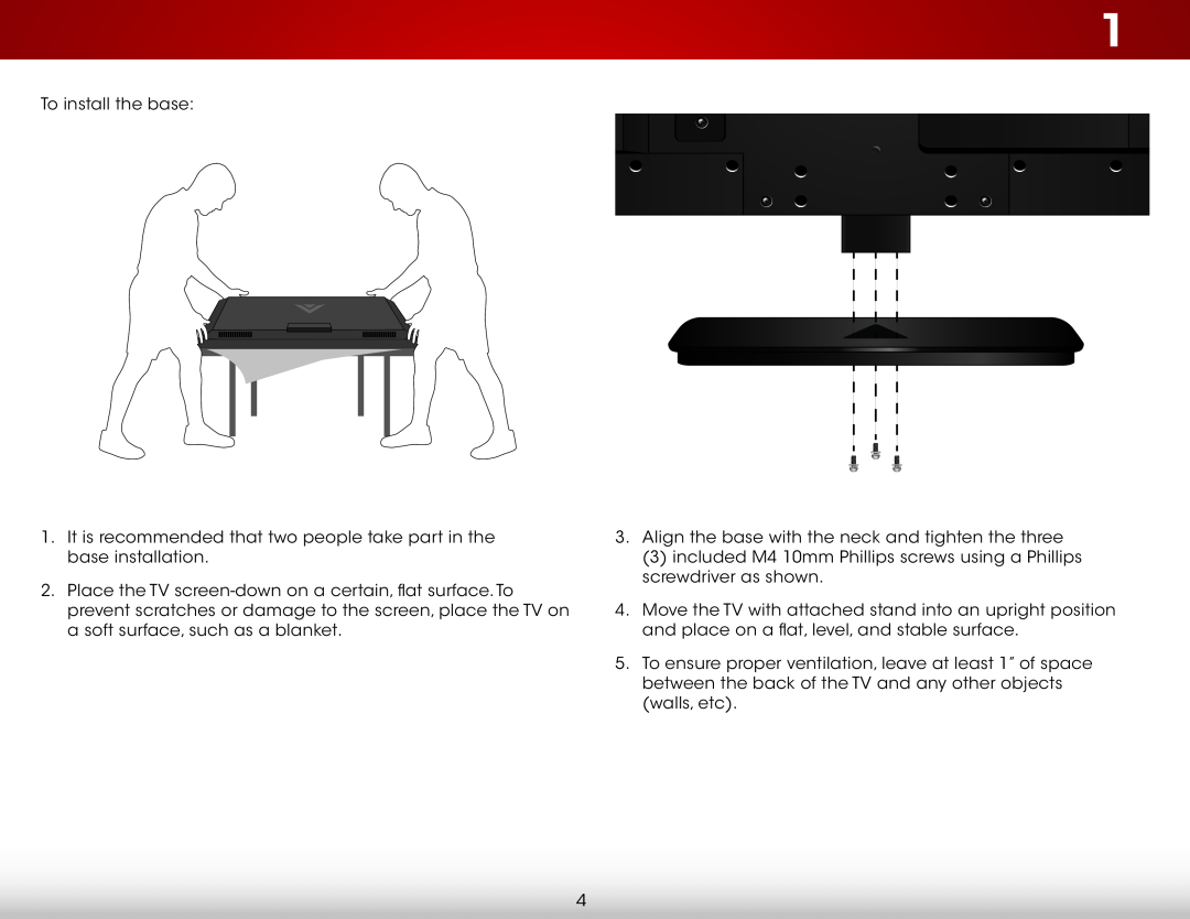 Vizio E390-B0 user manual To install the base, Align the base with the neck and tighten the three 