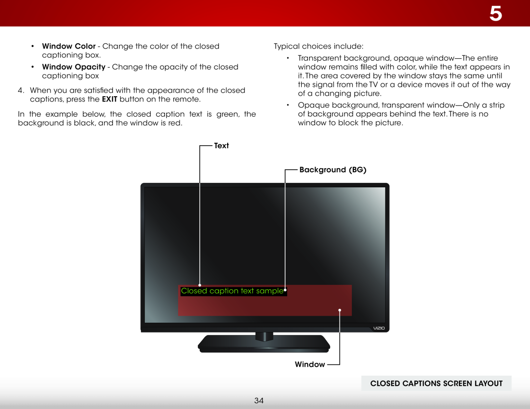 Vizio E390-B0 user manual Window Color - Change the color of the closed captioning box, Closed caption text sample 