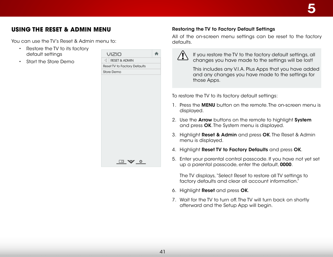 Vizio E390-B0 user manual Using The Reset & Admin Menu, Vizio, RESET & ADMIN Reset TV to Factory Defaults Store Demo 