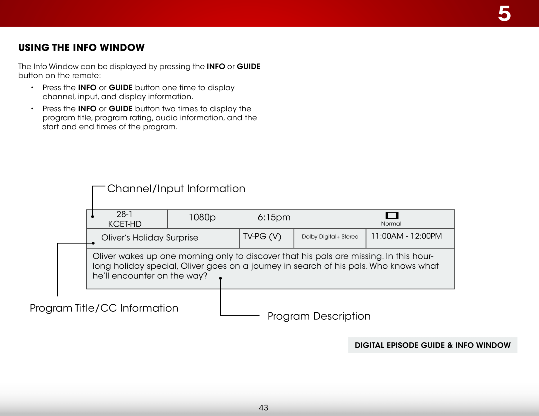 Vizio E390-B0 user manual Using The Info Window, 1080p, 615pm, Channel/Input Information, Program Title/CC Information 