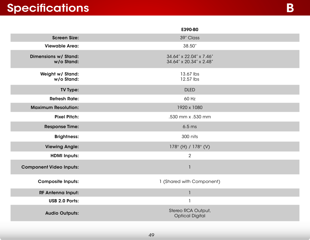 Vizio E390-B0 user manual Specifications 