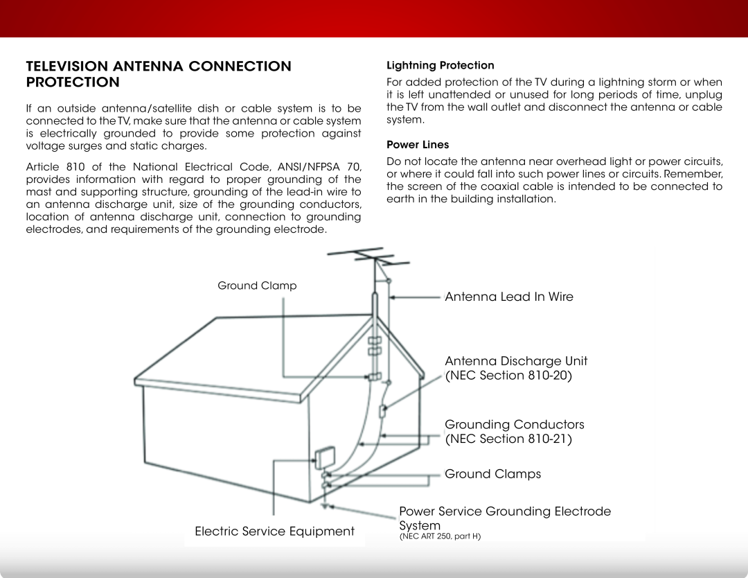 Vizio E390-B0 user manual Television Antenna Connection Protection, Electric Service Equipment 