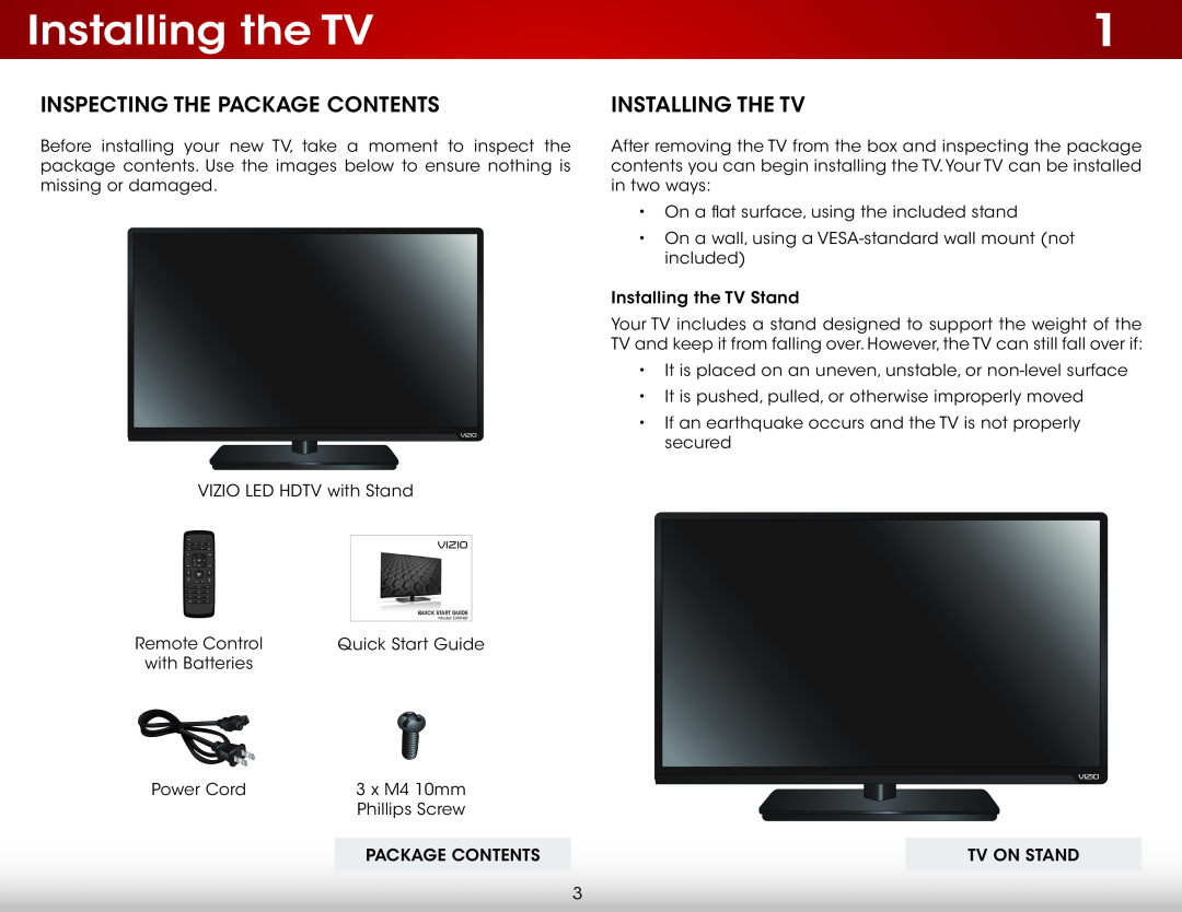 Vizio E390-B0 user manual Installing the TV, Inspecting The Package Contents, Installing The Tv 