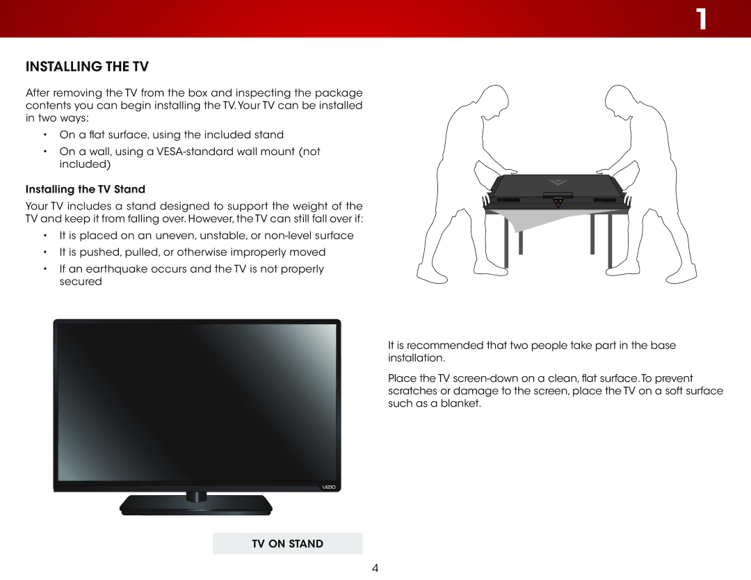 Vizio E390-B1 user manual Installing the TV, TV on Stand 