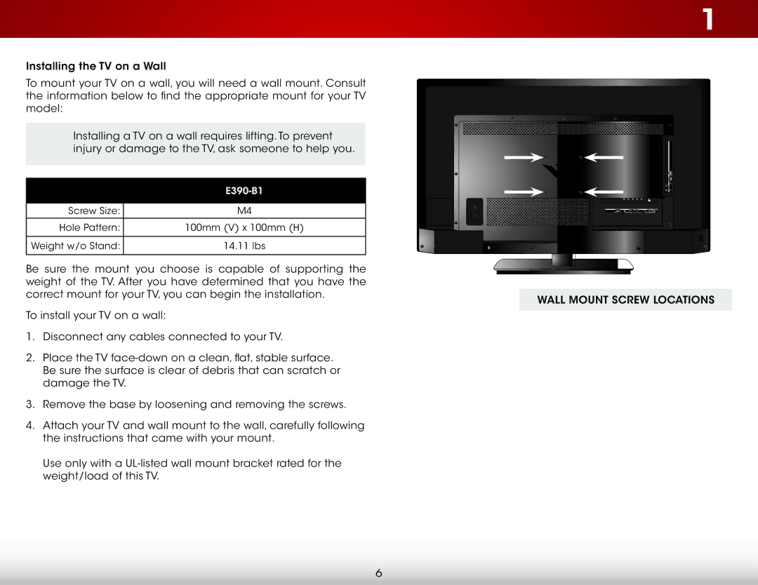 Vizio E390-B1 user manual Wall Mount Screw Locations 