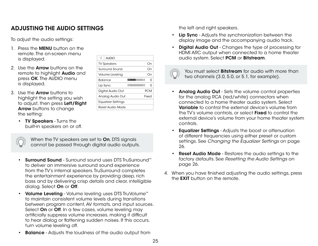 Vizio E390-B1 user manual Adjusting the Audio Settings, Factory defaults. See Resetting the Audio Settings on 