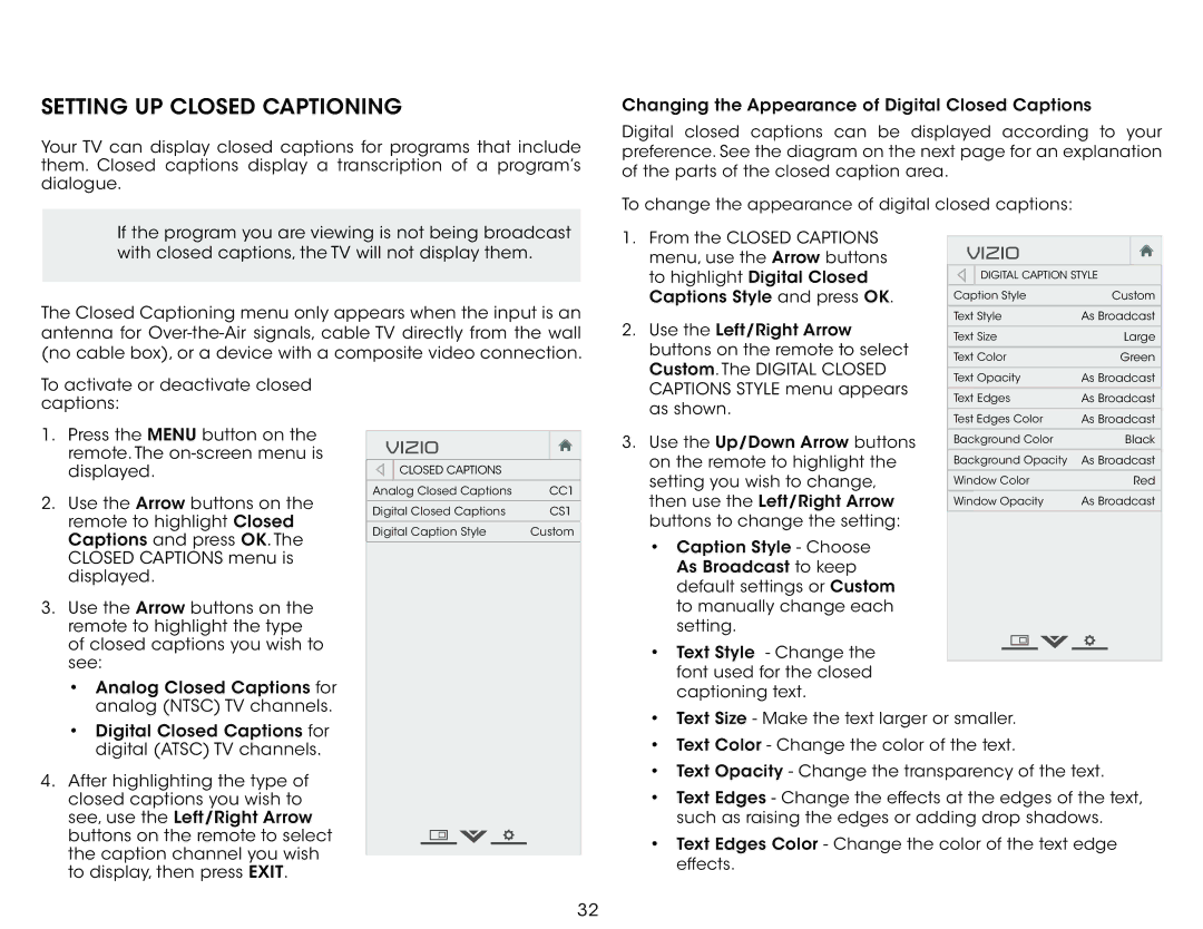 Vizio E390-B1 user manual Setting UP Closed Captioning 