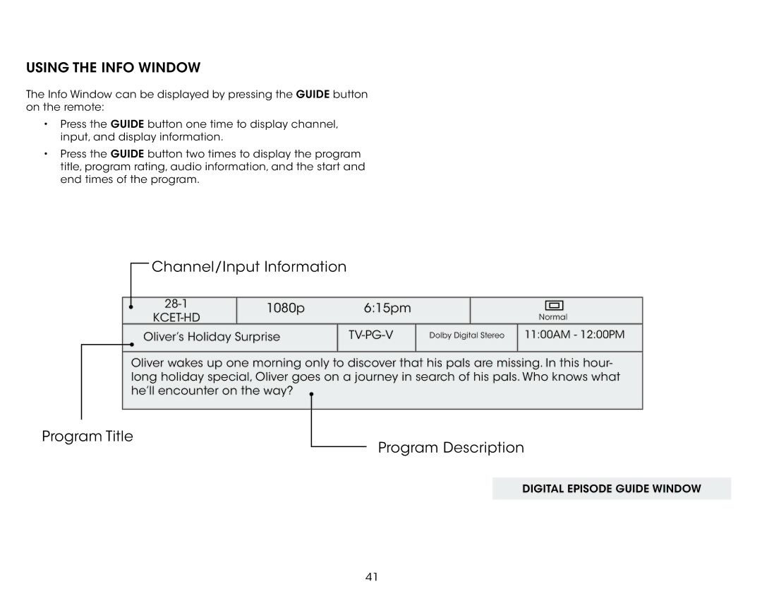 Vizio E390-B1 user manual Channel/Input Information, Using the Info Window 