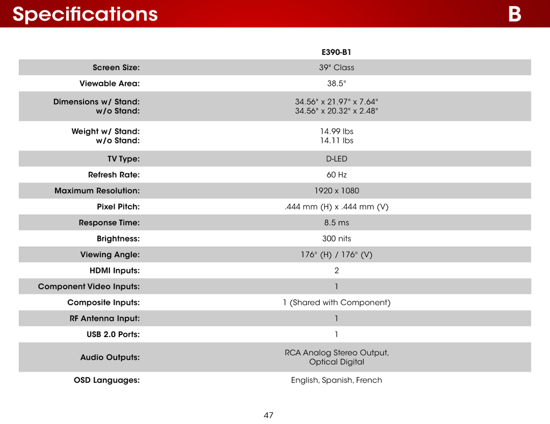 Vizio E390-B1 user manual Specifications 