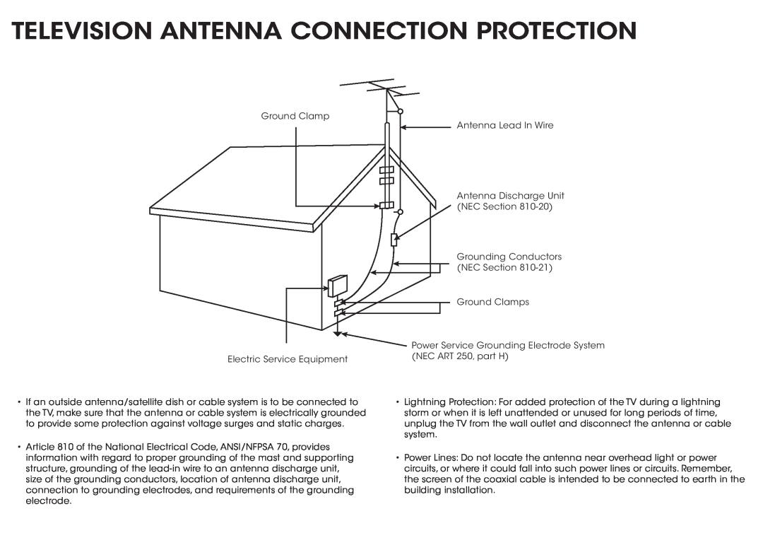 Vizio E390-B1 manual Television Antenna Connection Protection 
