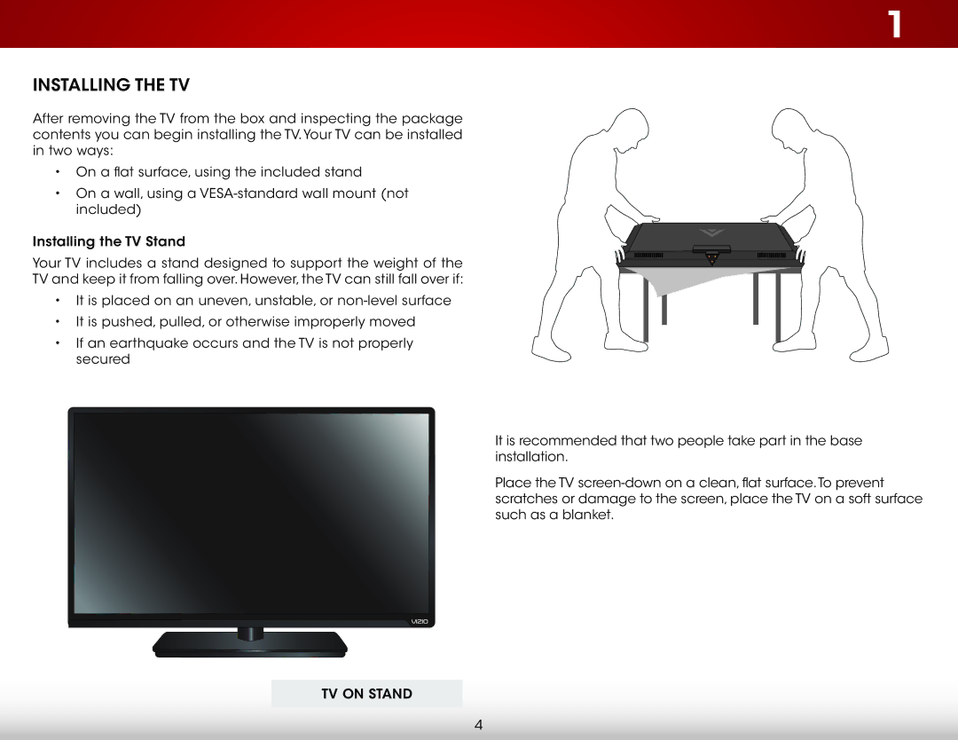 Vizio E390-B1E user manual Installing the TV, TV on Stand 