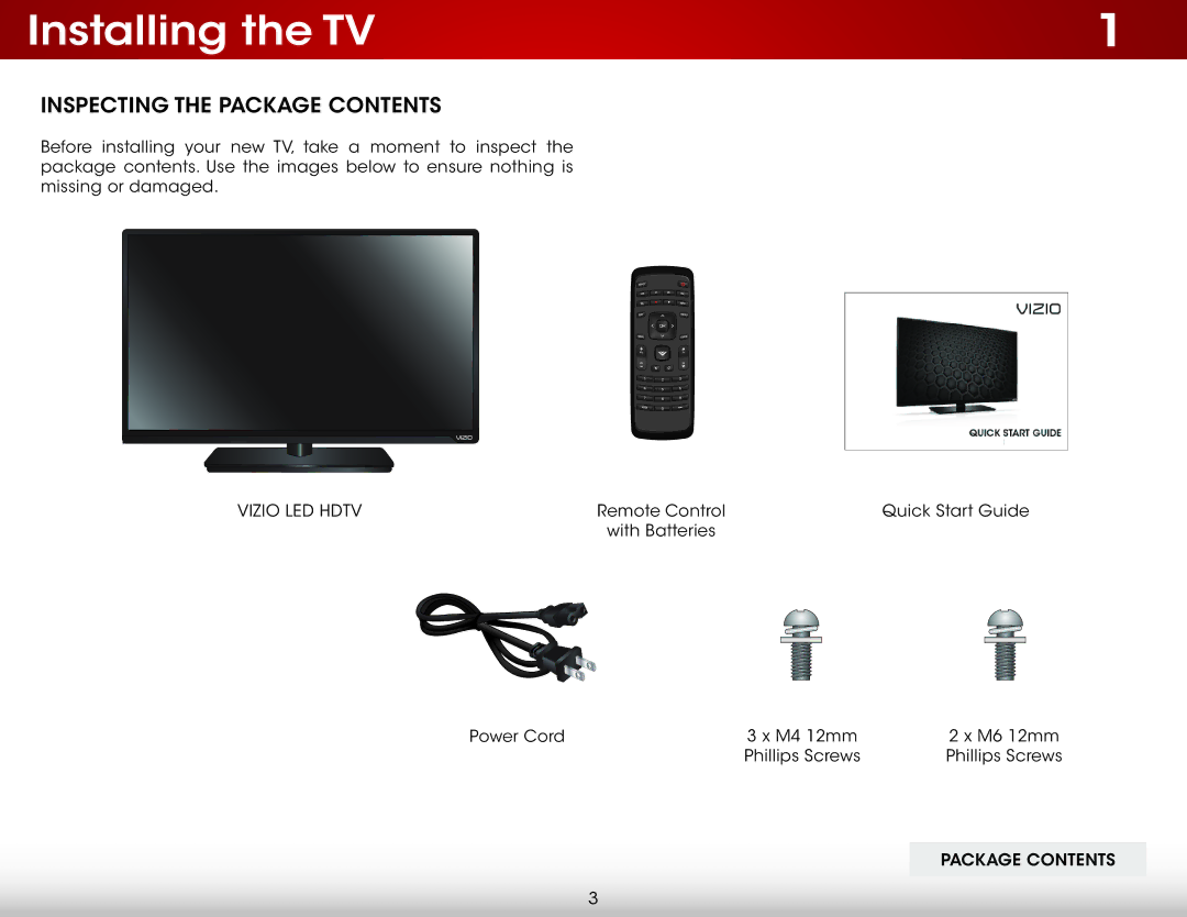 Vizio E390-B1E user manual Installing the TV, Inspecting the Package Contents 