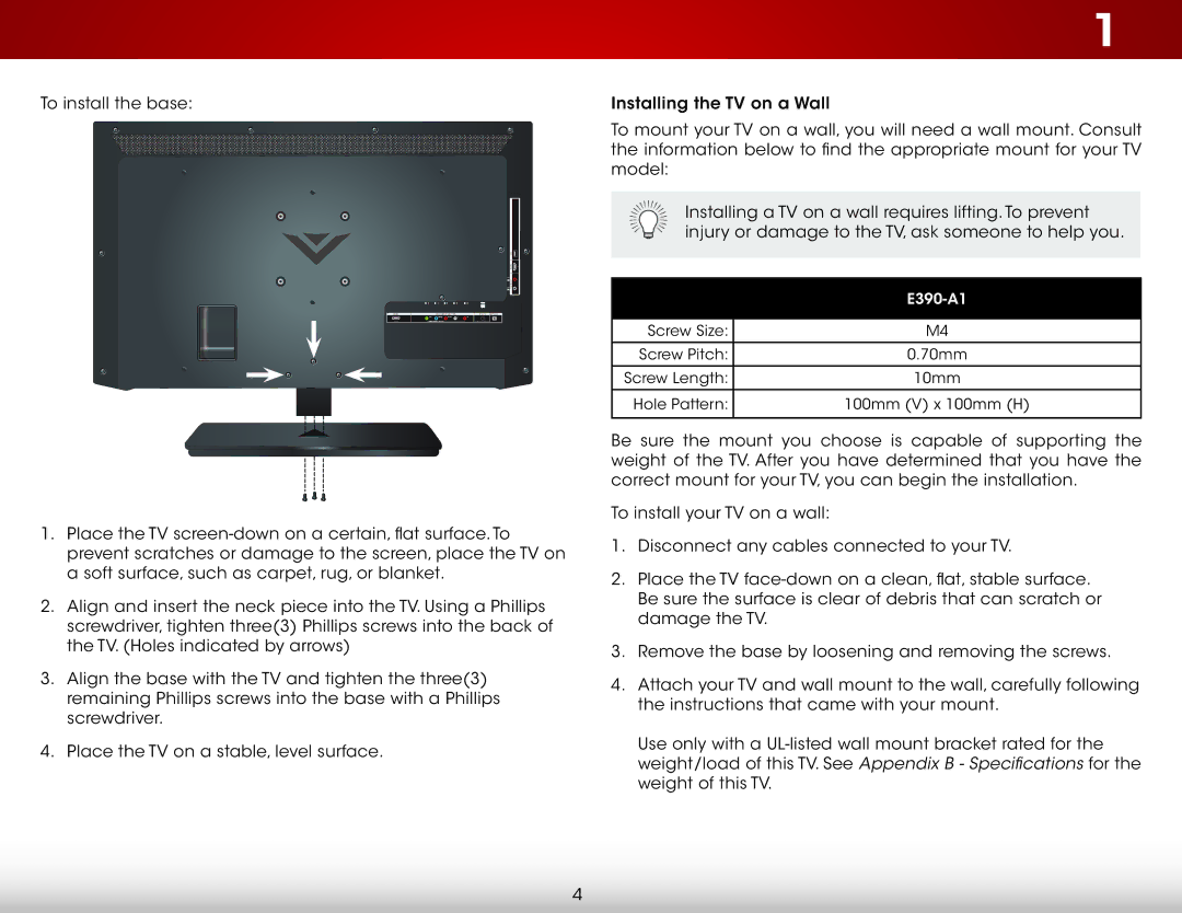 Vizio E390A1, E390-A1 user manual To install the base 