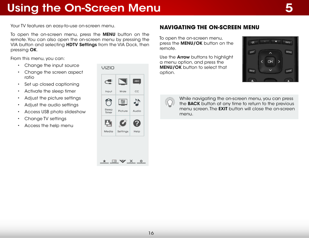 Vizio E390A1, E390-A1 user manual Using the On-Screen Menu, Navigating the On-Screen Menu 