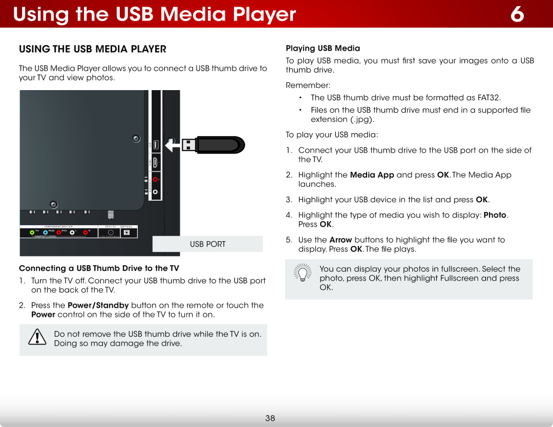 Vizio E390A1, E390-A1 user manual Using the USB Media Player, USB Port 