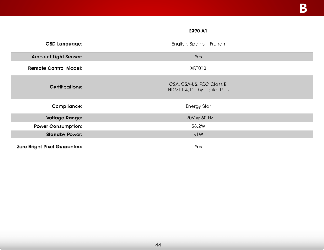 Vizio E390A1, E390-A1 user manual OSD Language English, Spanish, French Ambient Light Sensor 