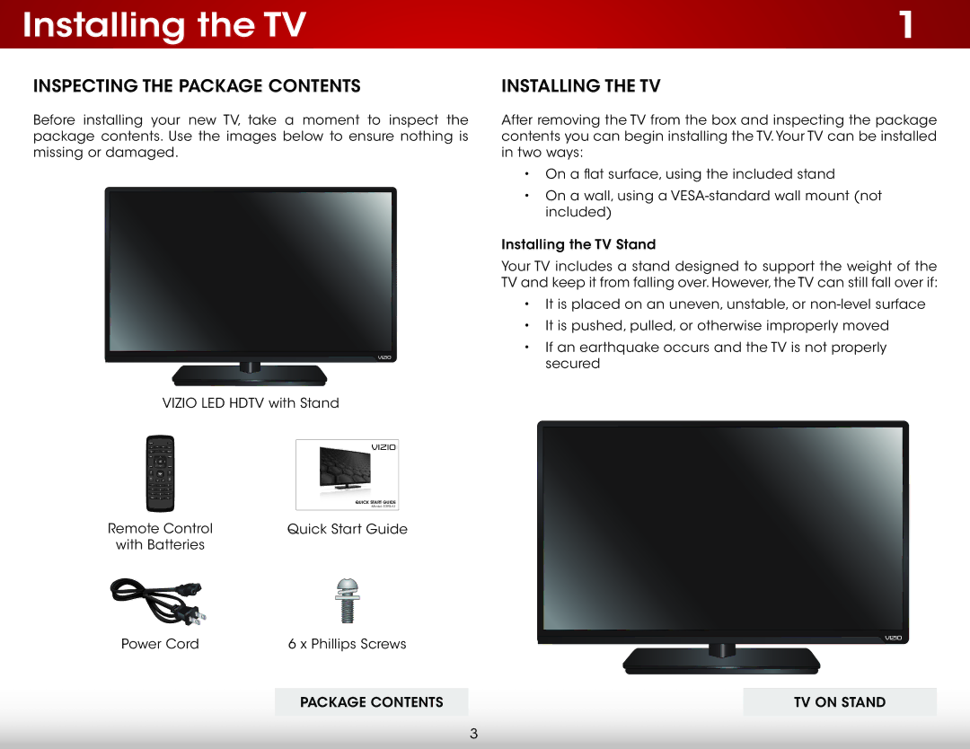 Vizio E390-A1, E390A1 user manual Installing the TV, Inspecting the Package Contents 