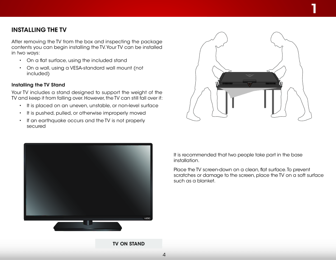 Vizio E390i-B0 user manual Installing the TV, TV on Stand 